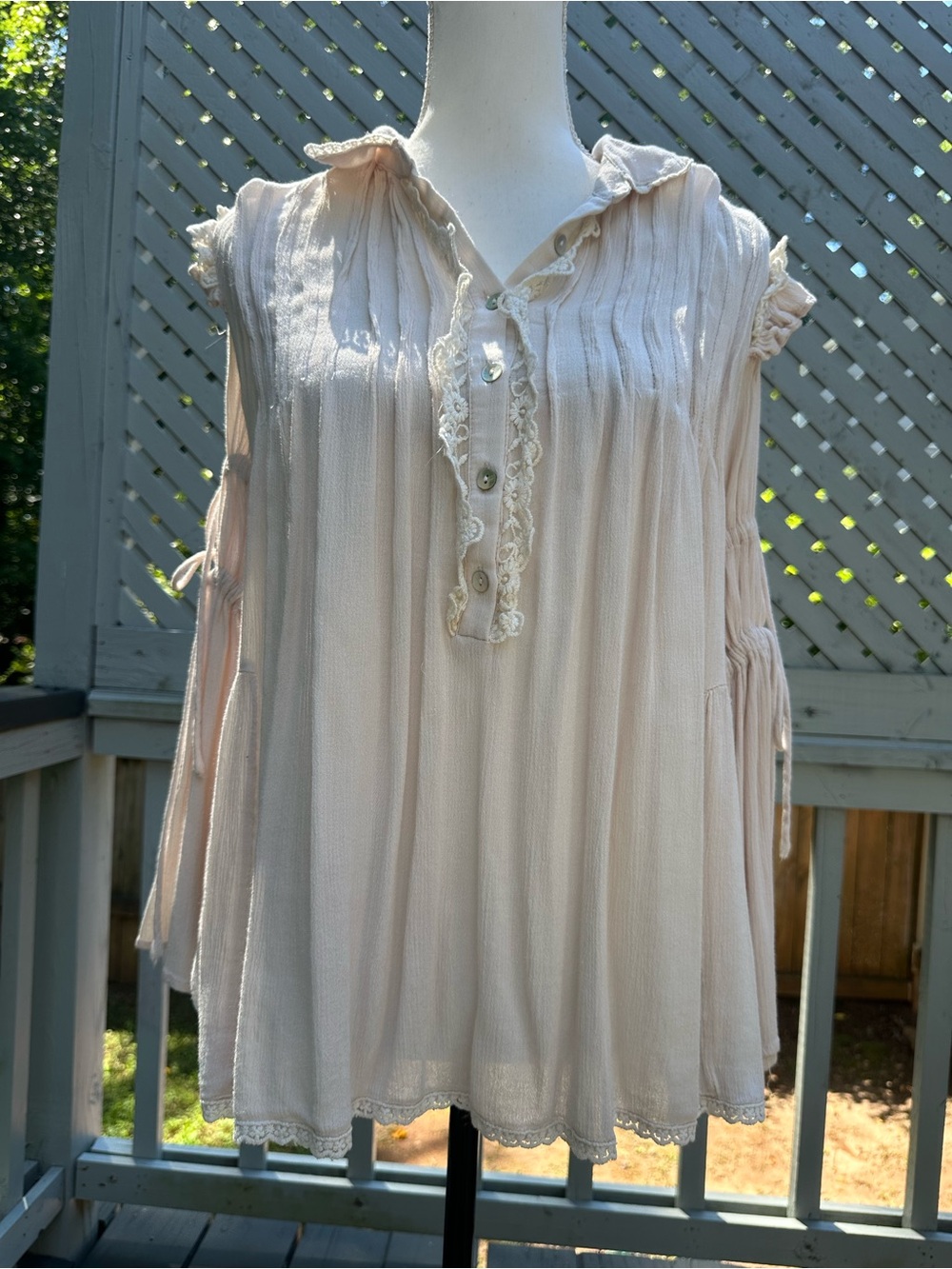 Pol White lace blouse with bell sleeves and tie detail on sleeves